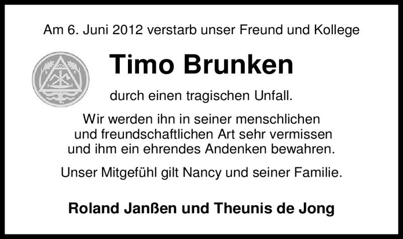  Traueranzeige für Timo Brunken vom 09.06.2012 aus Nordwest-Zeitung