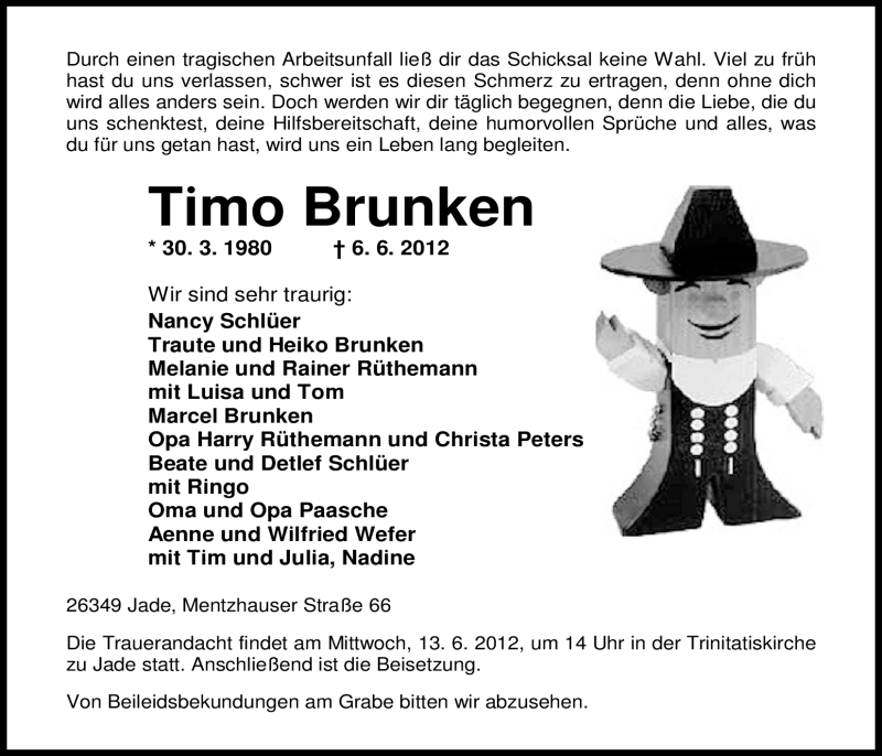  Traueranzeige für Timo Brunken vom 09.06.2012 aus Nordwest-Zeitung
