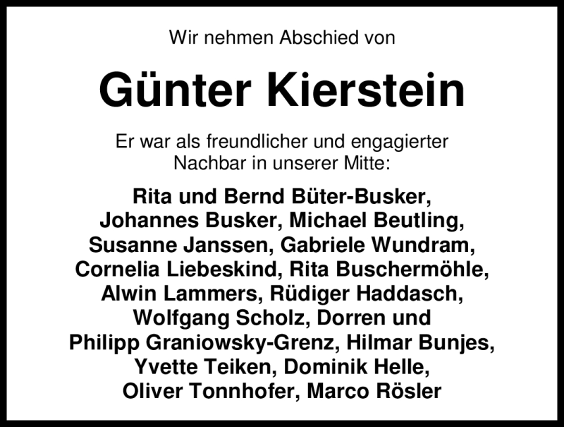  Traueranzeige für Günter Kierstein vom 09.06.2012 aus Nordwest-Zeitung