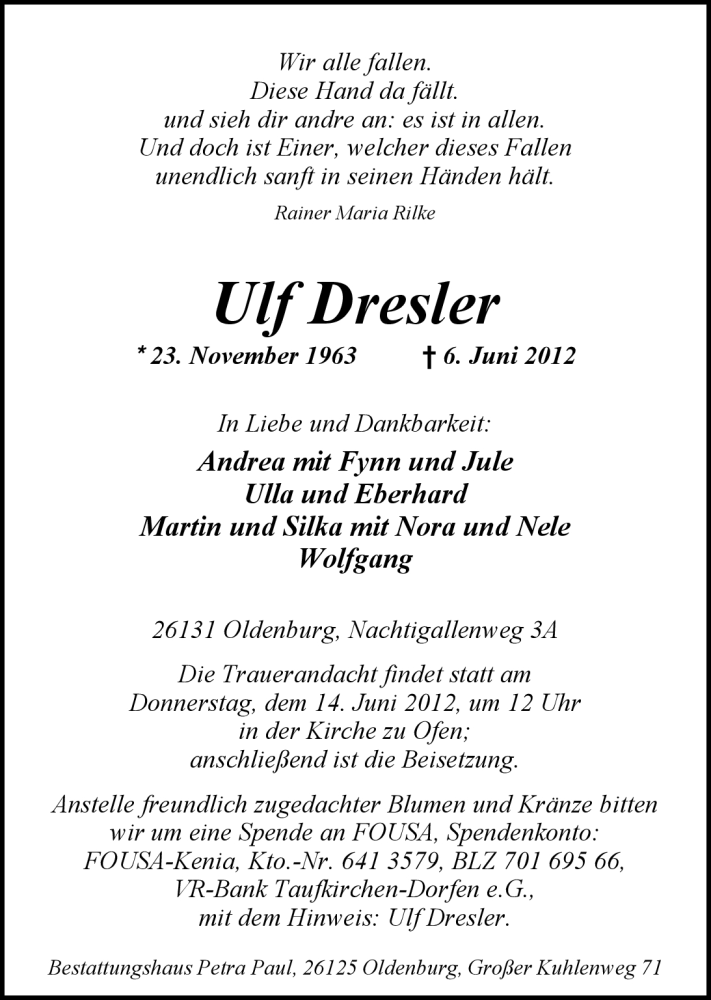  Traueranzeige für Ulf Dresler vom 09.06.2012 aus Nordwest-Zeitung