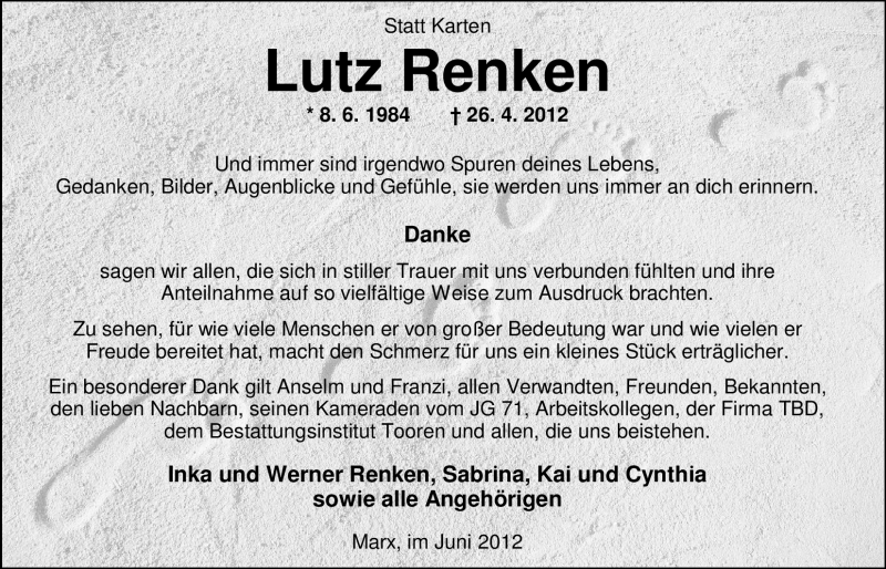  Traueranzeige für Lutz Renken vom 09.06.2012 aus Nordwest-Zeitung