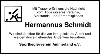 Traueranzeige von Hermannus Schmidt von Nordwest-Zeitung