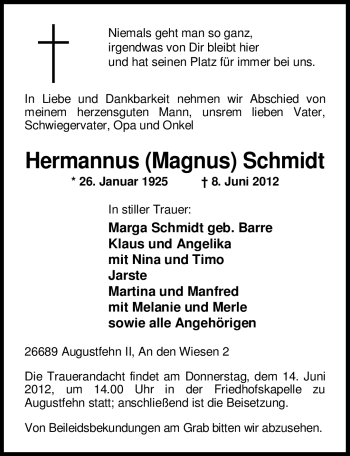 Traueranzeige von Hermannus Schmidt von Nordwest-Zeitung