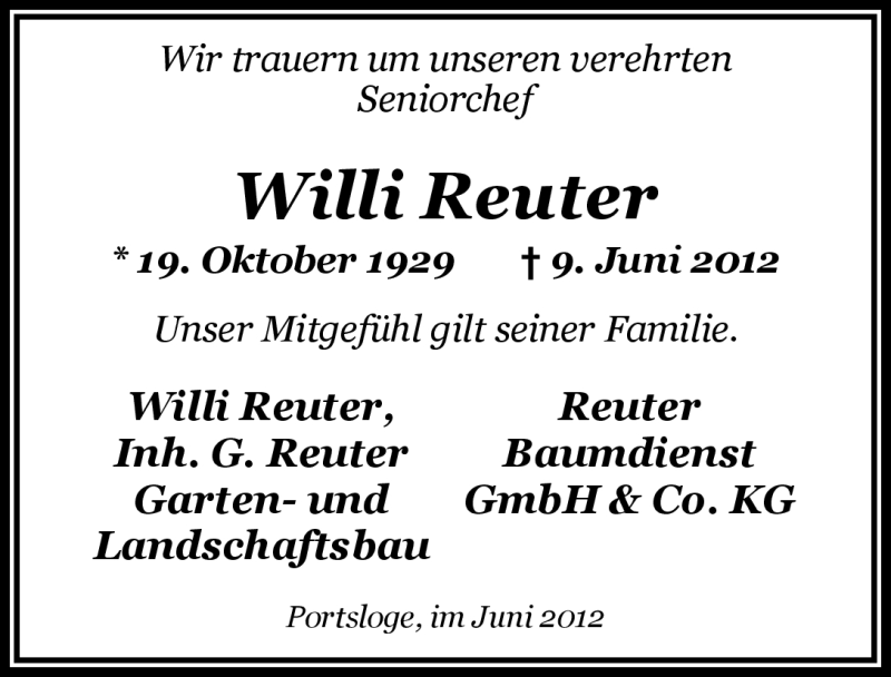  Traueranzeige für Willi Reuter vom 10.06.2012 aus Nordwest-Zeitung
