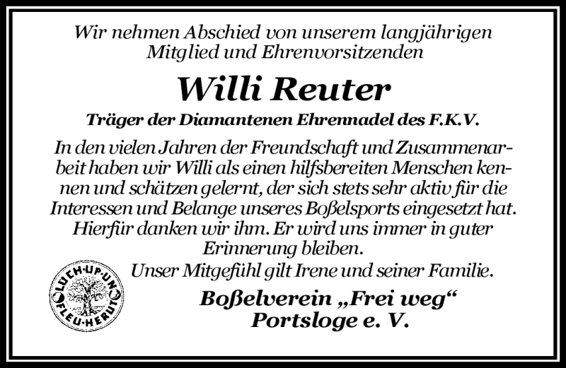  Traueranzeige für Willi Reuter vom 11.06.2012 aus Nordwest-Zeitung