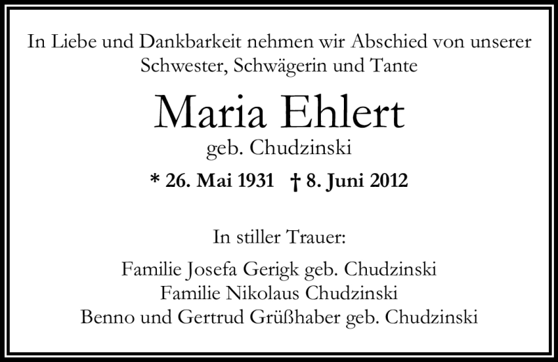  Traueranzeige für Maria Ehlert vom 12.06.2012 aus Nordwest-Zeitung