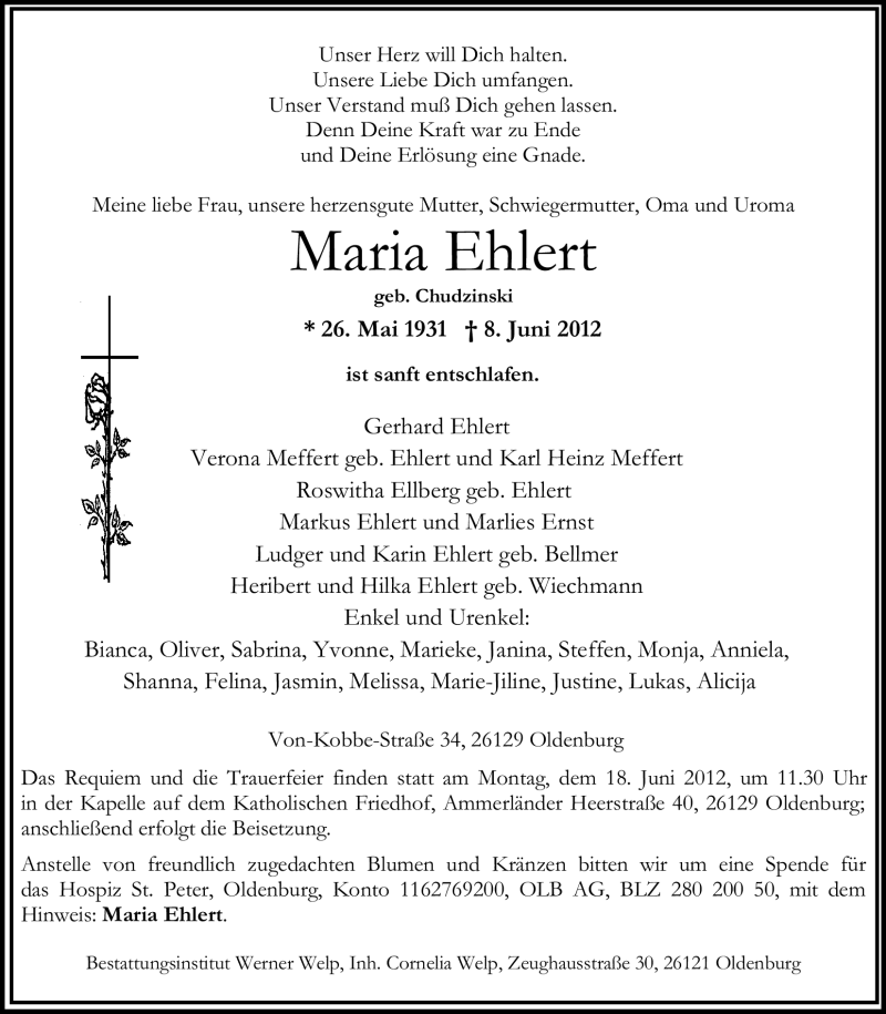  Traueranzeige für Maria Ehlert vom 12.06.2012 aus Nordwest-Zeitung