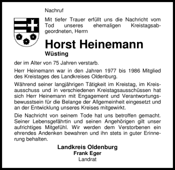 Traueranzeige von Horst Heinemann von Nordwest-Zeitung