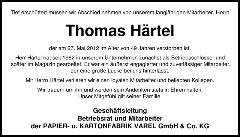  Traueranzeige für Thomas Härtel vom 16.06.2012 aus Nordwest-Zeitung