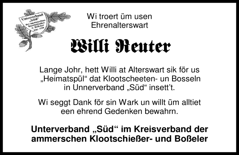  Traueranzeige für Willi Reuter vom 12.06.2012 aus Nordwest-Zeitung