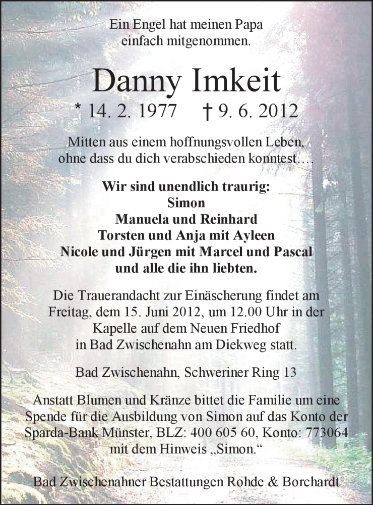 Traueranzeige für Danny Imkeit vom 12.06.2012 aus Nordwest-Zeitung
