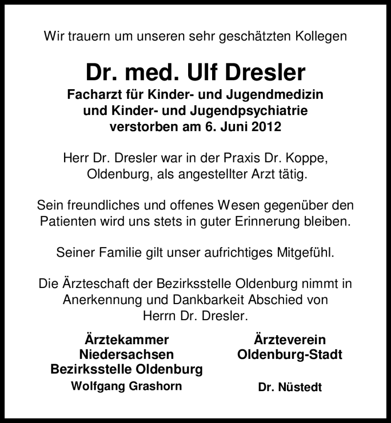  Traueranzeige für Ulf Dresler vom 14.06.2012 aus Nordwest-Zeitung