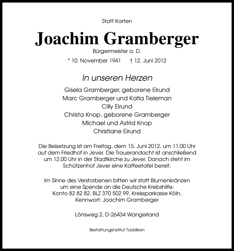  Traueranzeige für Joachim Gramberger vom 14.06.2012 aus Nordwest-Zeitung