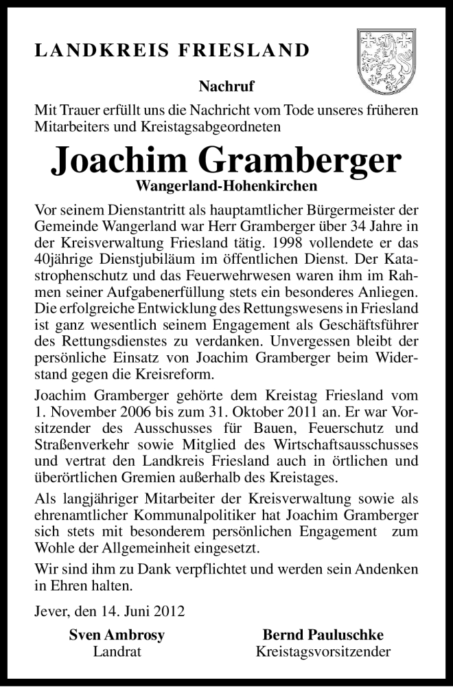  Traueranzeige für Joachim Gramberger vom 14.06.2012 aus Nordwest-Zeitung