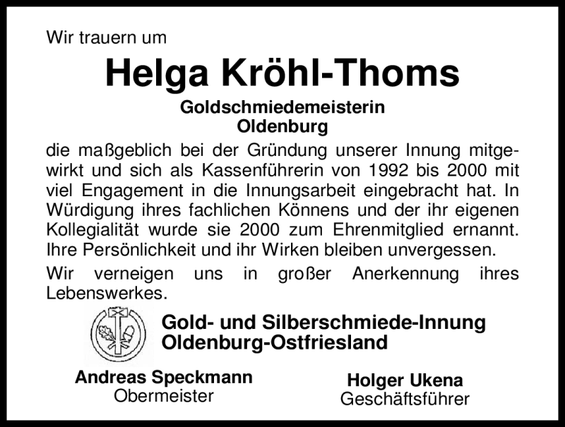  Traueranzeige für Helga Kröhl-Thoms vom 15.06.2012 aus Nordwest-Zeitung