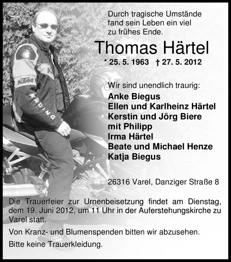  Traueranzeige für Thomas Härtel vom 16.06.2012 aus Nordwest-Zeitung