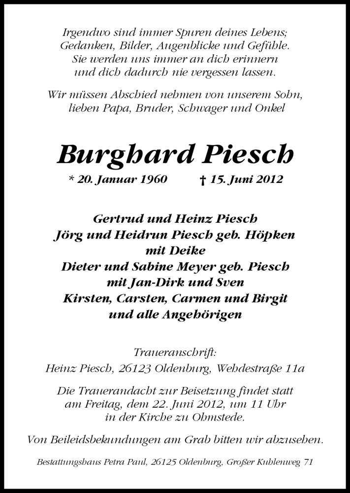  Traueranzeige für Burghard Piesch vom 20.06.2012 aus Nordwest-Zeitung