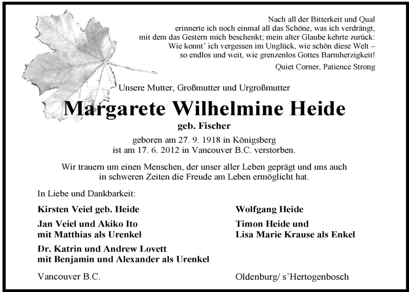  Traueranzeige für Margarete Wilhelmine Heide vom 23.06.2012 aus Nordwest-Zeitung