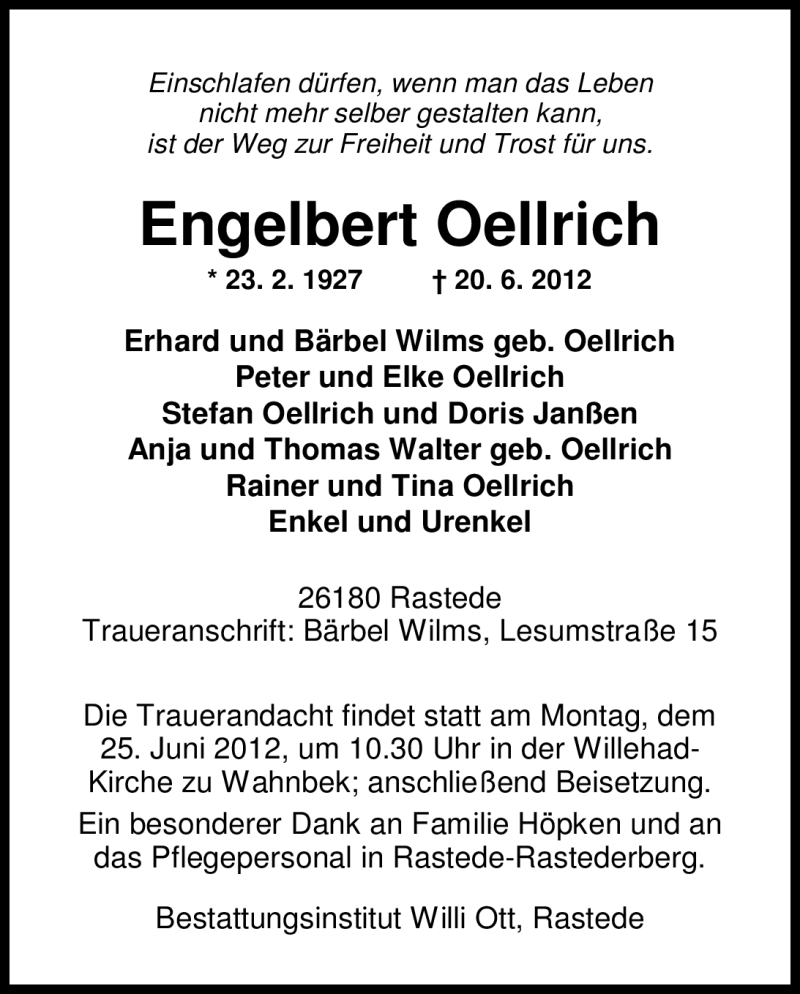  Traueranzeige für Engelbert Oellrich vom 22.06.2012 aus Nordwest-Zeitung