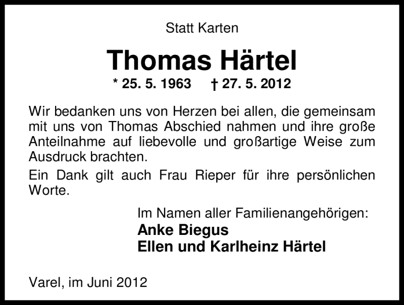 Traueranzeige für Thomas Härtel vom 26.06.2012 aus Nordwest-Zeitung