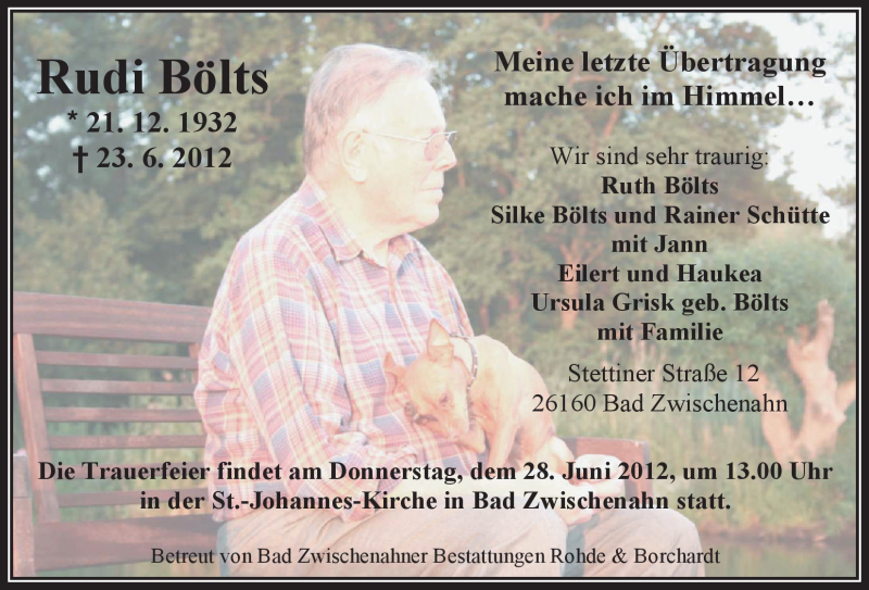  Traueranzeige für Rudi Bölts vom 26.06.2012 aus Nordwest-Zeitung