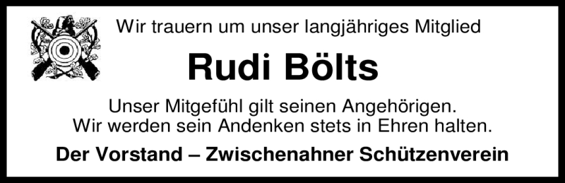  Traueranzeige für Rudi Bölts vom 27.06.2012 aus Nordwest-Zeitung