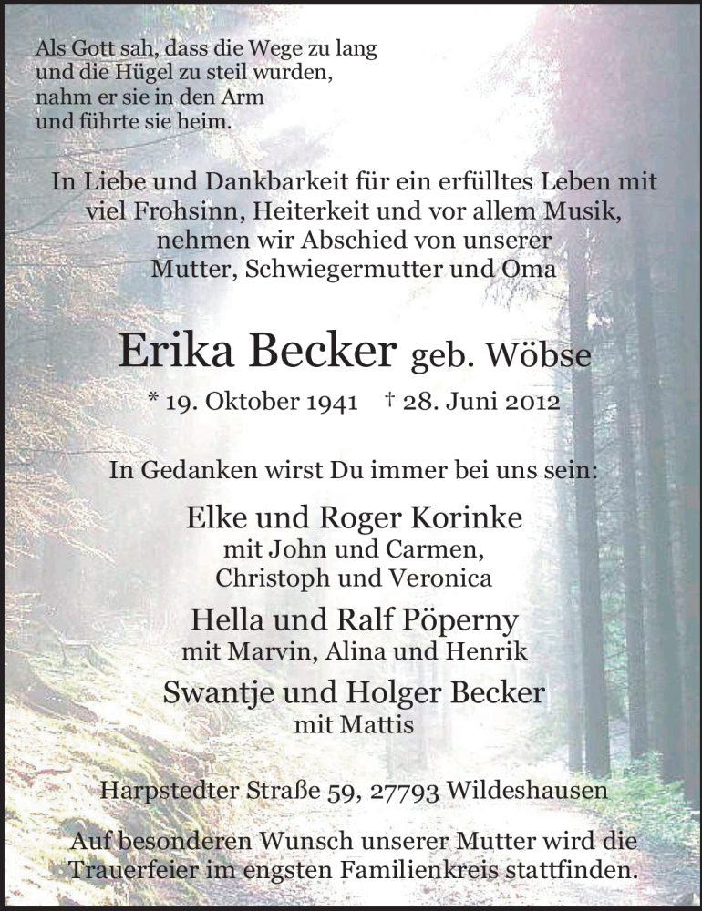  Traueranzeige für Erika Becker vom 30.06.2012 aus Nordwest-Zeitung