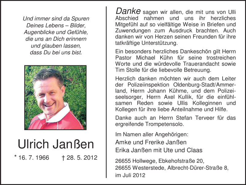  Traueranzeige für Ulrich Janßen vom 16.07.2012 aus Nordwest-Zeitung