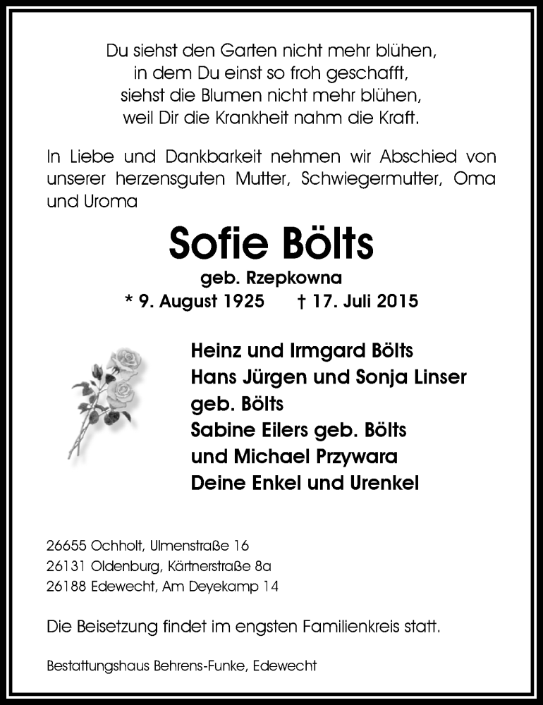  Traueranzeige für Sofie Bölts vom 21.07.2015 aus Nordwest-Zeitung