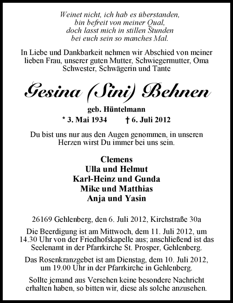  Traueranzeige für Gesina Behnen vom 10.07.2012 aus Nordwest-Zeitung
