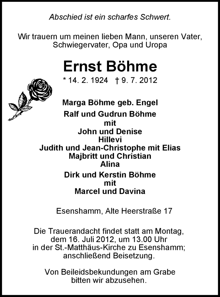  Traueranzeige für Ernst Böhme vom 12.07.2012 aus Nordwest-Zeitung