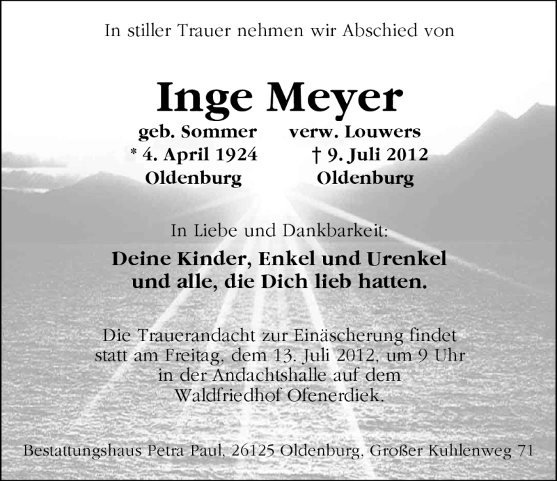  Traueranzeige für Inge Meyer vom 12.07.2012 aus Nordwest-Zeitung