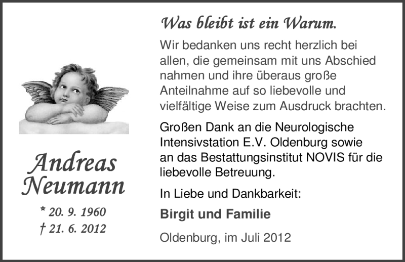  Traueranzeige für Andreas Neumann vom 14.07.2012 aus Nordwest-Zeitung