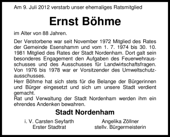 Traueranzeige von Ernst Böhme von Nordwest-Zeitung