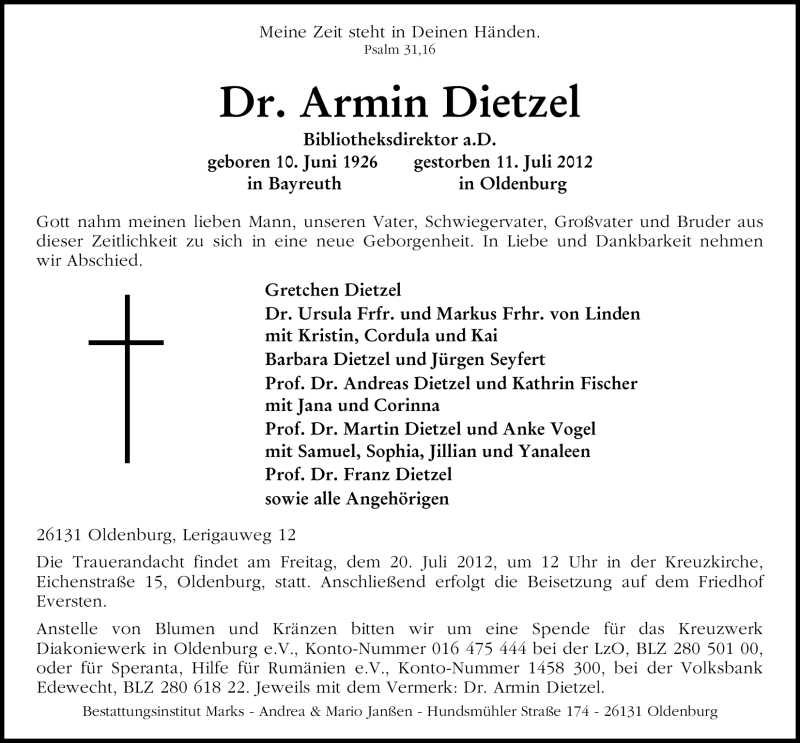  Traueranzeige für Dr. Armin Dietzel vom 16.07.2012 aus Nordwest-Zeitung