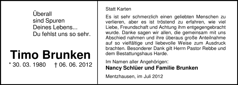  Traueranzeige für Timo Brunken vom 21.07.2012 aus Nordwest-Zeitung