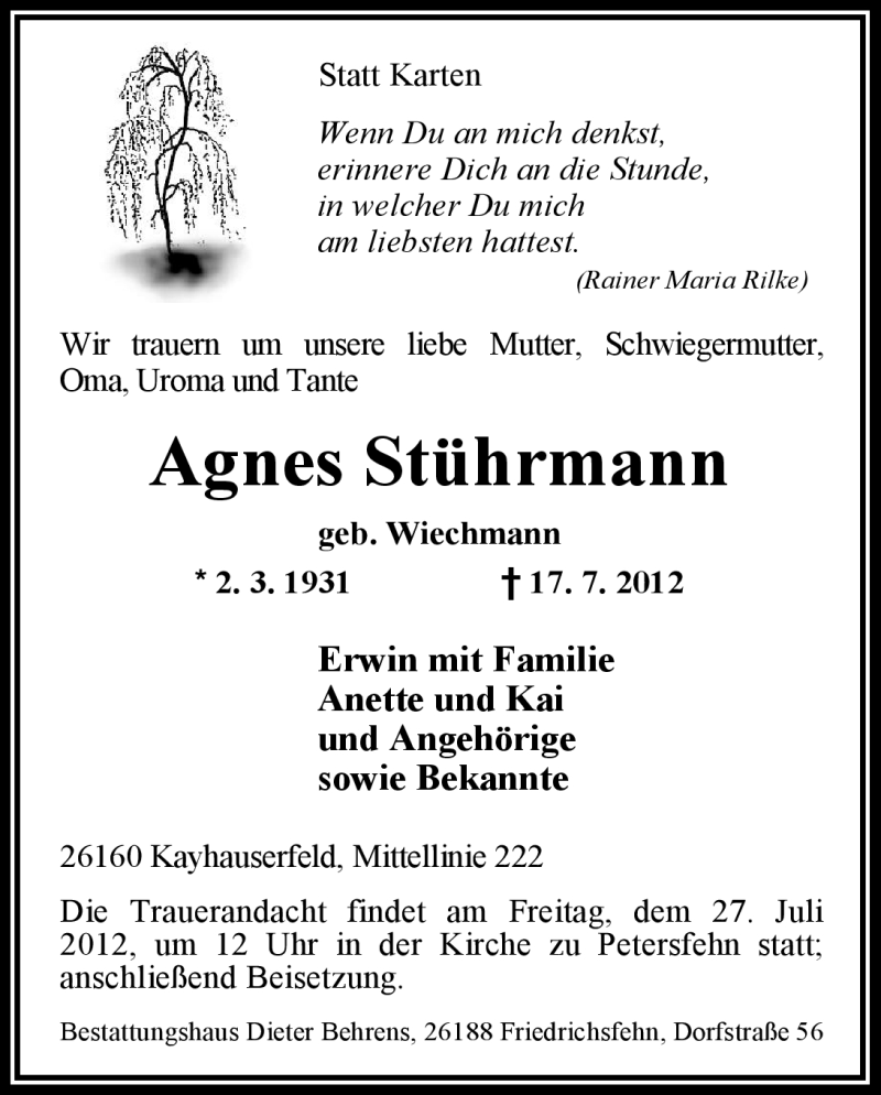  Traueranzeige für Agnes Stührmann vom 21.07.2012 aus Nordwest-Zeitung