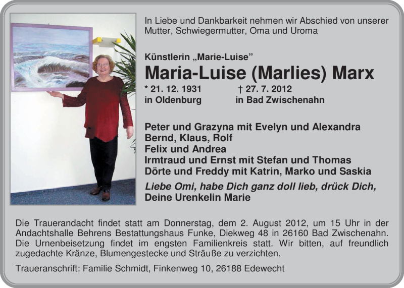  Traueranzeige für Maria-Luise Marx vom 31.07.2012 aus Nordwest-Zeitung