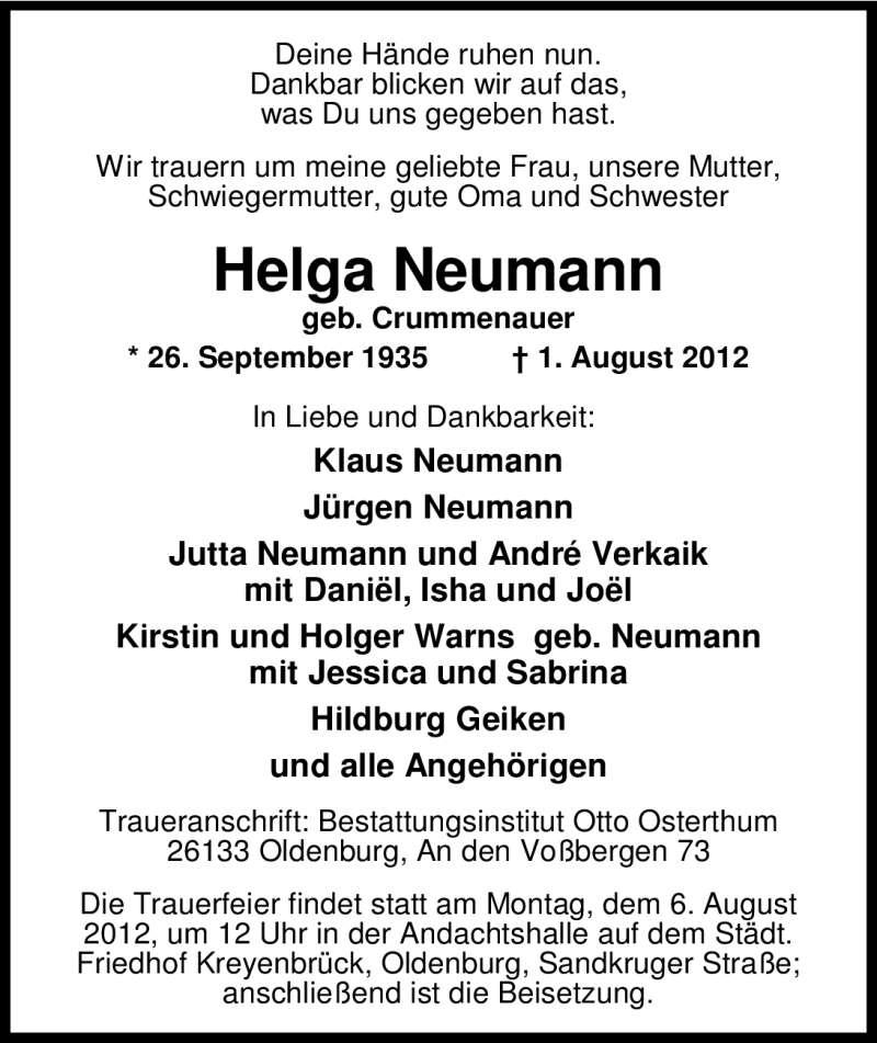 Traueranzeigen Von Helga Neumann Nordwest Trauer De