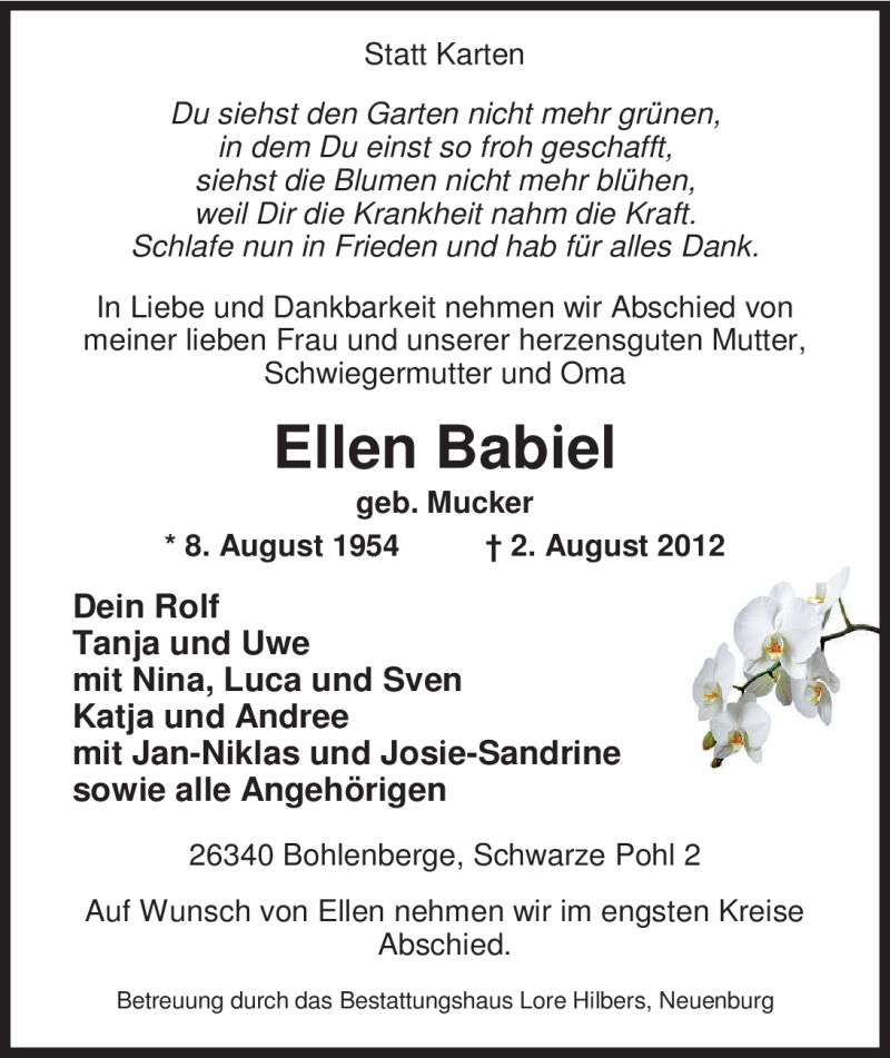  Traueranzeige für Ellen Babiel vom 04.08.2012 aus Nordwest-Zeitung