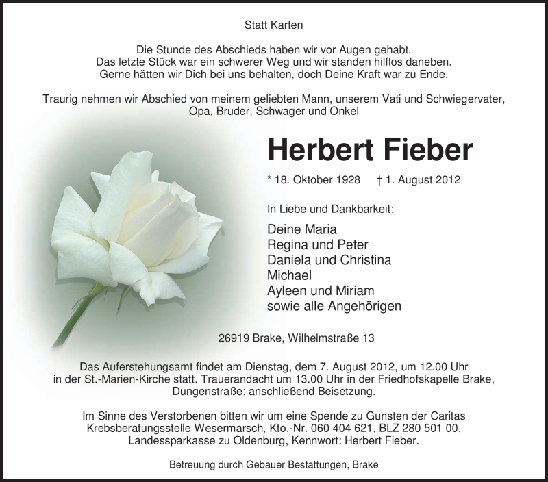  Traueranzeige für Herbert Fieber vom 04.08.2012 aus Nordwest-Zeitung
