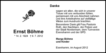 Traueranzeige von Ernst Böhme von Nordwest-Zeitung