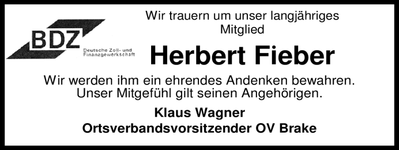  Traueranzeige für Herbert Fieber vom 07.08.2012 aus Nordwest-Zeitung