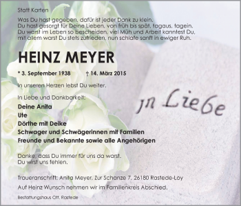 Traueranzeige von Heinz Meyer von Nordwest-Zeitung