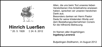 Traueranzeige von Hinrich Luerßen von Nordwest-Zeitung