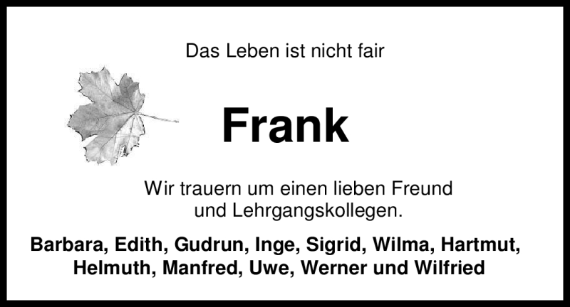  Traueranzeige für Frank Kanschat vom 11.08.2012 aus Nordwest-Zeitung