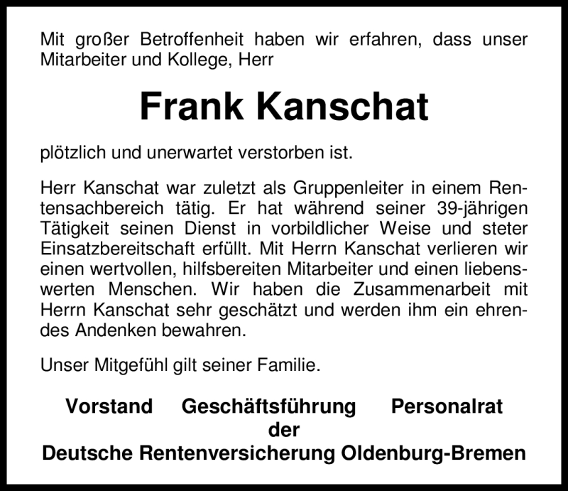  Traueranzeige für Frank Kanschat vom 11.08.2012 aus Nordwest-Zeitung