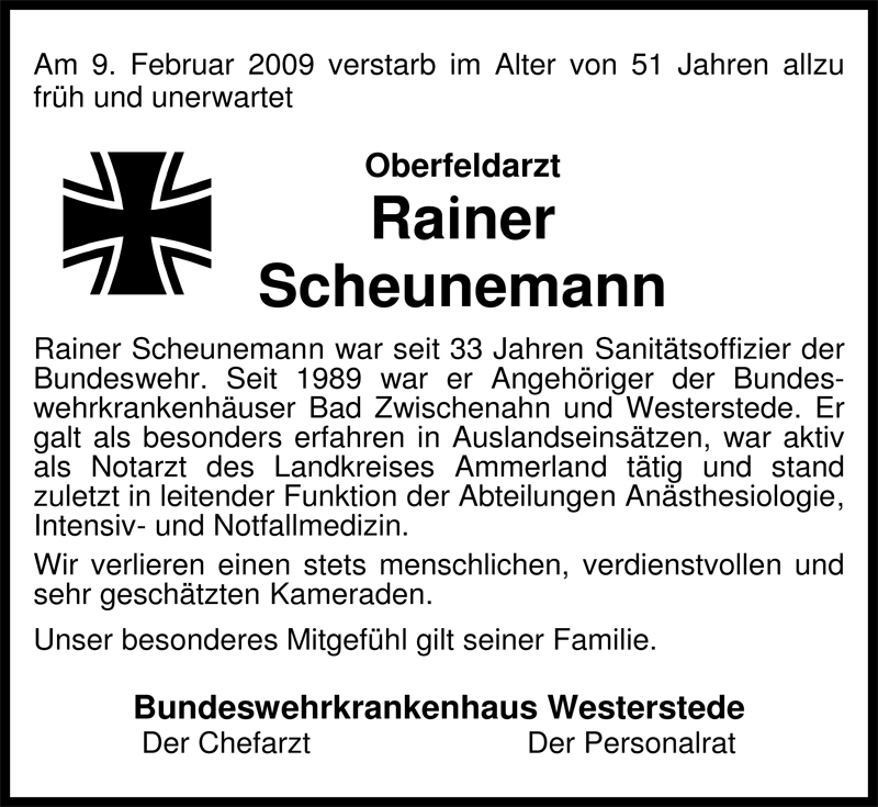  Traueranzeige für Rainer Scheunemann vom 13.02.2009 aus Nordwest-Zeitung