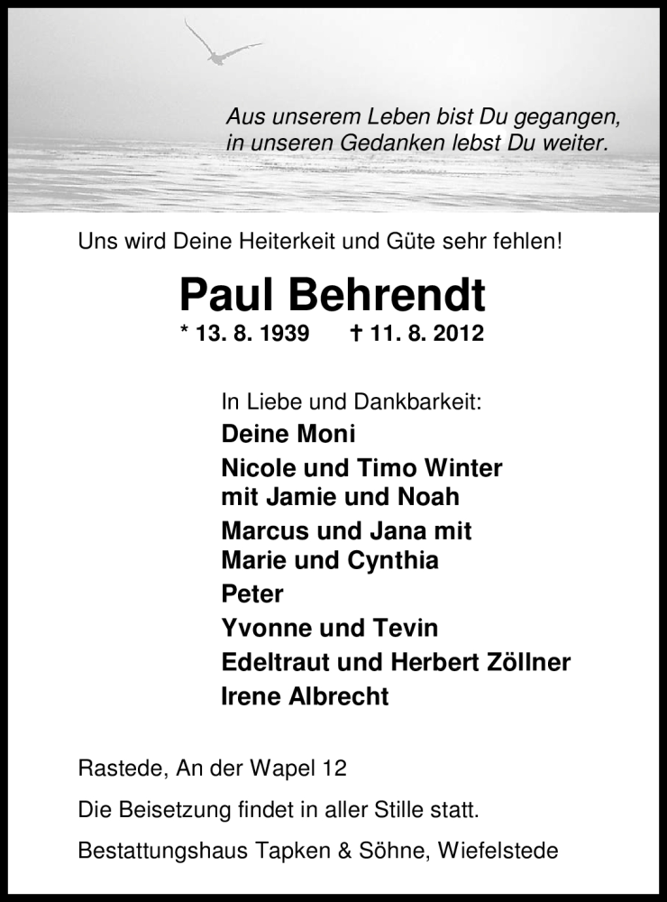  Traueranzeige für Paul Behrendt vom 15.08.2012 aus Nordwest-Zeitung