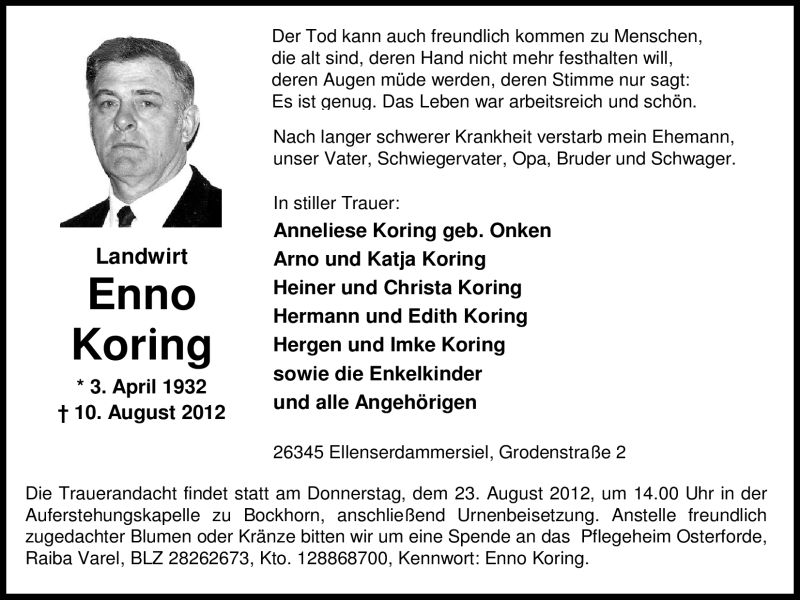  Traueranzeige für Enno Koring vom 18.08.2012 aus Nordwest-Zeitung
